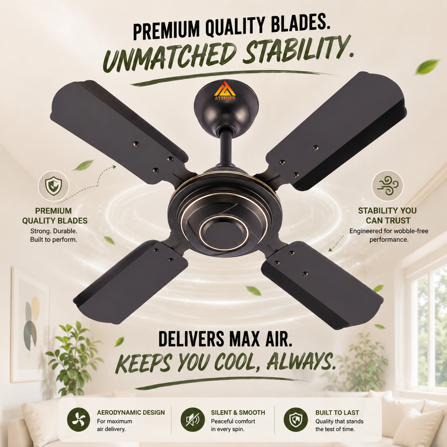 Image of Athots Momentum 24 Inch Ultra High Speed with 30 Months Warranty Energy Saving, High Air Delivery 600 mm Ceiling Fan