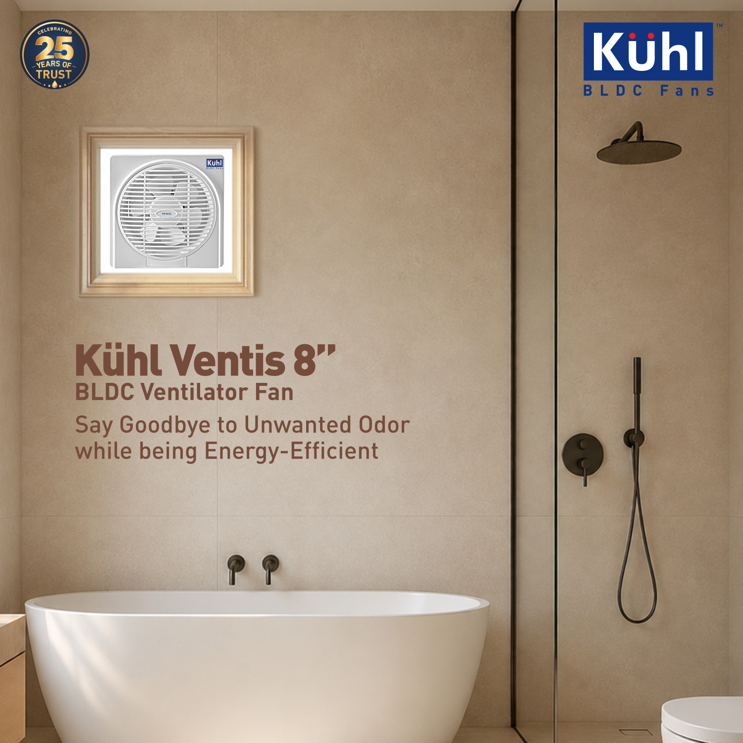 Image of KUHL Ventis 8 inch BLDC Ventilation /Exhaust Fan | 9W | 1600 RPM | 650 CMH Air Delivery with 2 Year Warranty BLDC Motor 200 mm Exhaust Fan