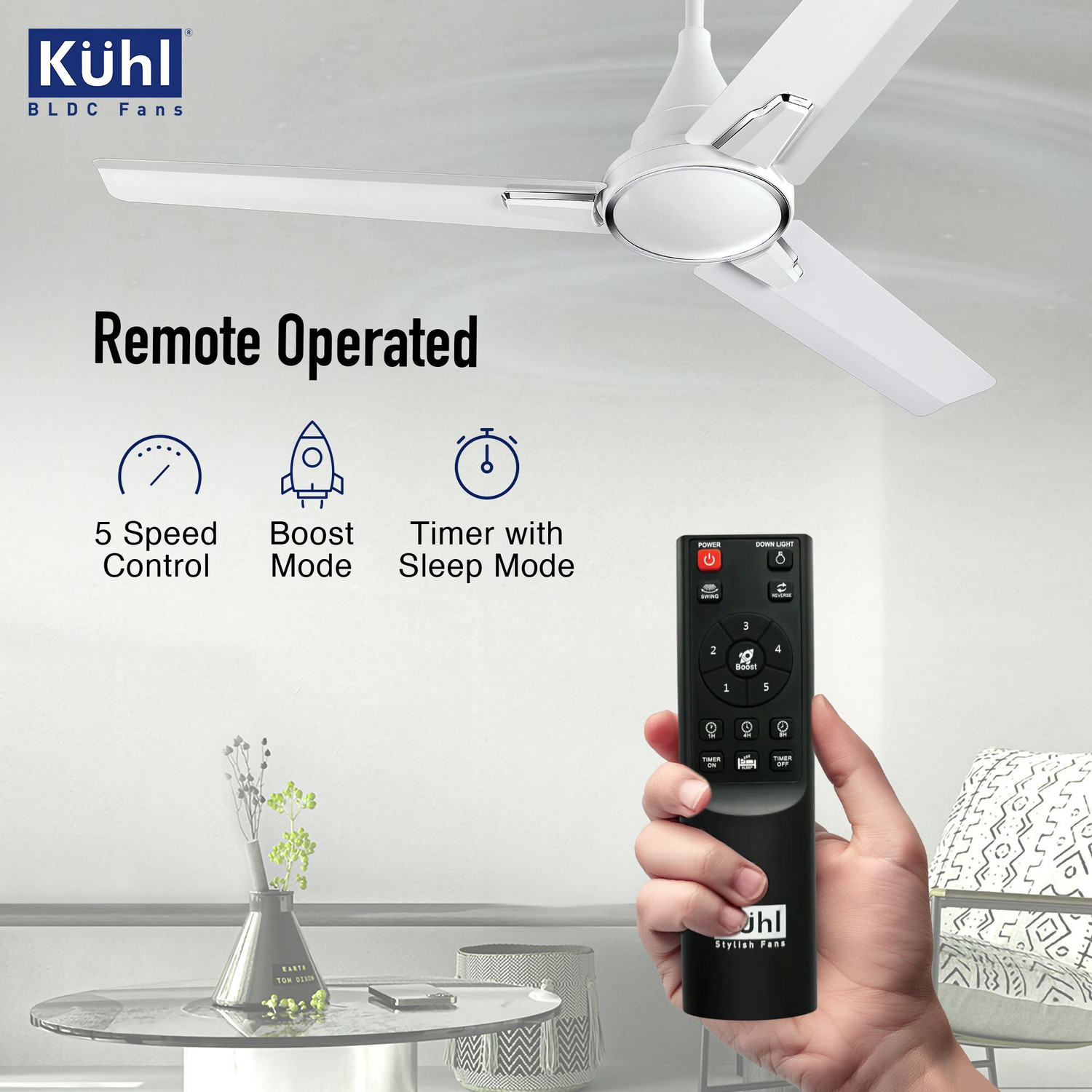 Image of KUHL | Prima A1, BLDC, 29W, Low Noise, Energy-Saving, 5-Year Warranty with 2 Year Warranty 1200 mm Ceiling Fan (5 Star | White | Pack of 1)