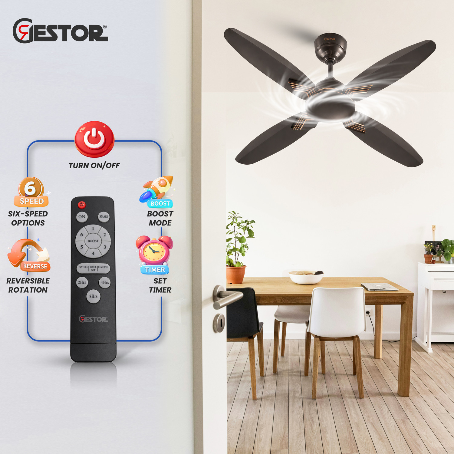 Image of GESTOR Avenzo 202 | BLDC | Super Hi Speed 48 inch Premium Series with 5 Year Warranty Anti Dust, BLDC Motor with Remote, Energy Saving, Silent Operation 1200 mm Ceiling Fan