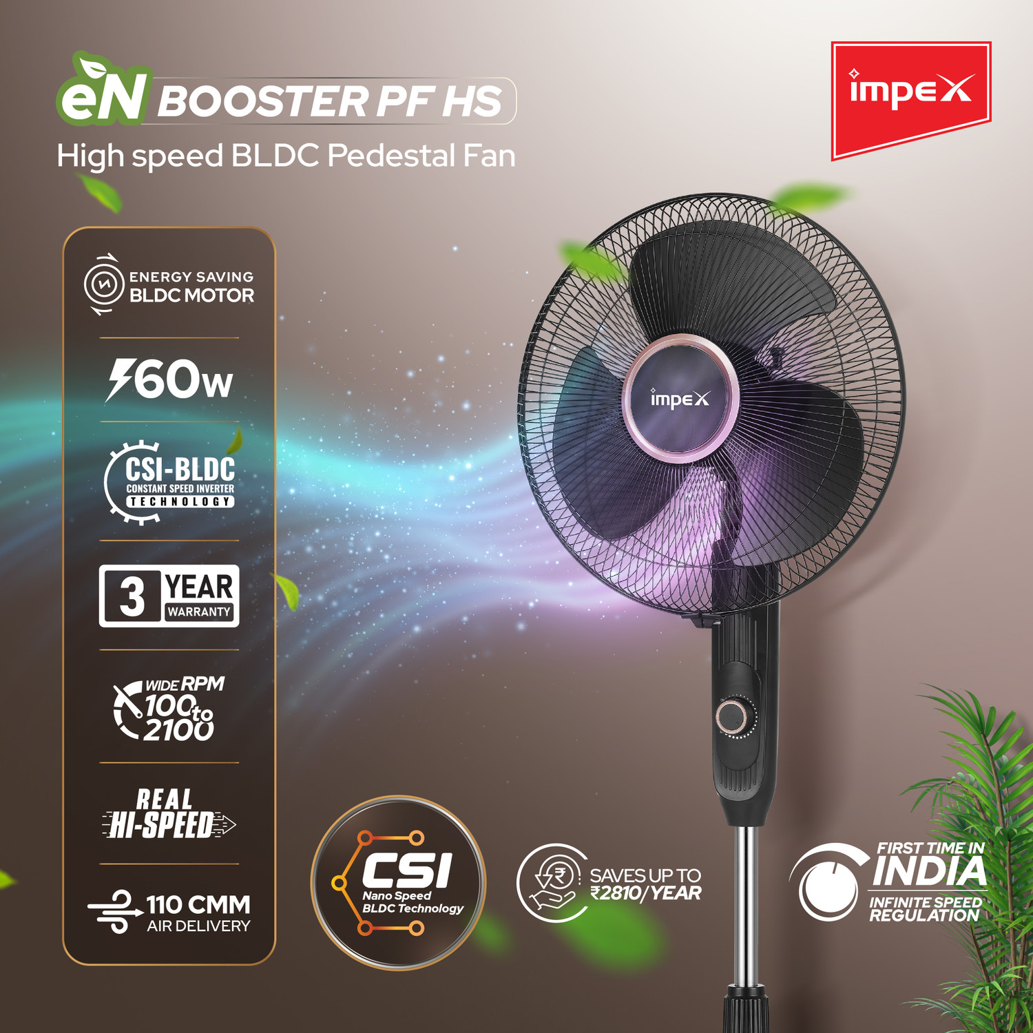 Image of IMPEX BLDC Pedestal Fan (eN Booster PF HS Black) with 3 Year Warranty BLDC Motor 400 mm Pedestal Fan