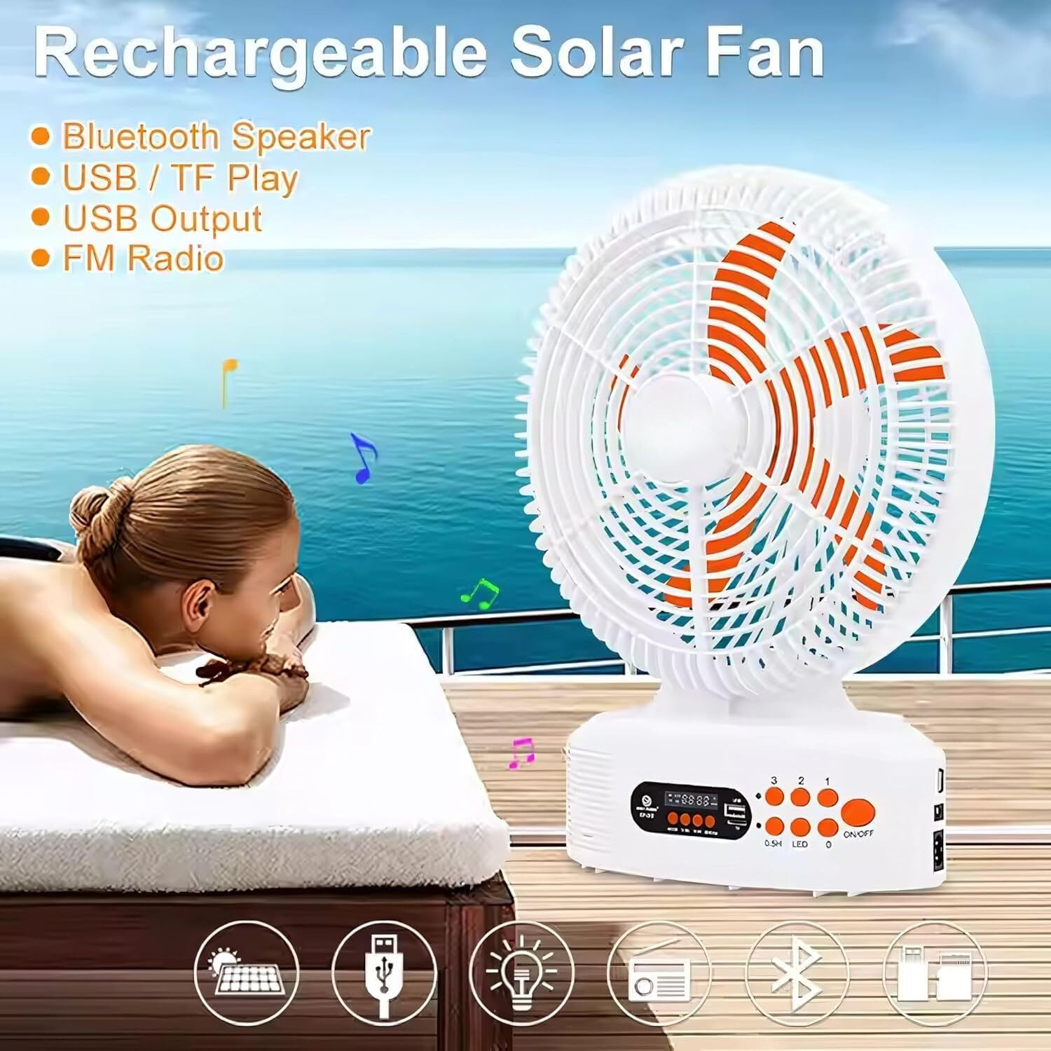Image of Lipzie Solar Rechargeable 12-Inch Fan with Bluetooth Speaker, FM Radio, Night Light Solar Rechargeable 12-Inch Fan with Bluetooth Speaker, FM Radio, Night Light USB Fan, Rechargeable Fan, Led Light