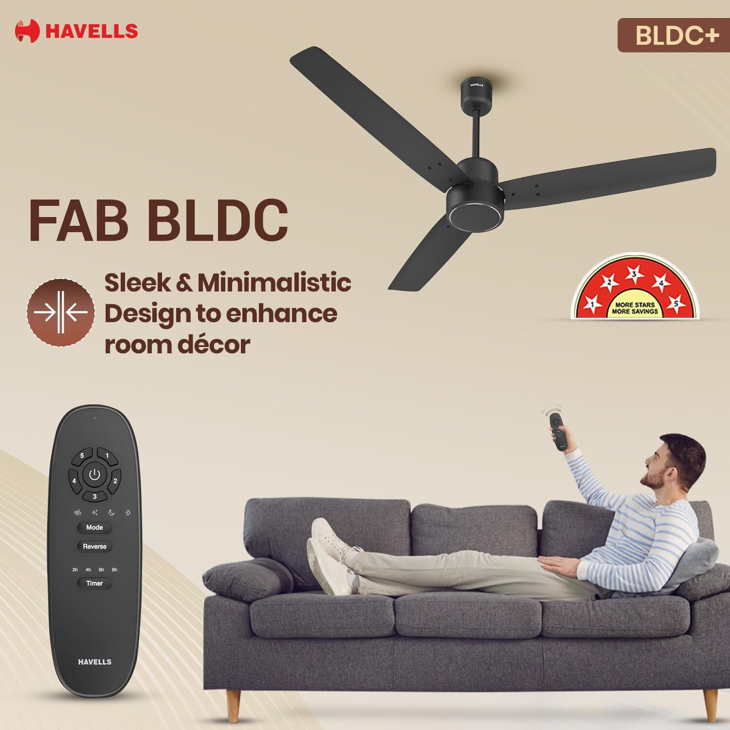 Image of HAVELLS FAB BLDC, Reverse Rotation, 4 Modes, with 3 Year Warranty BLDC Motor with Remote 1200 mm Ceiling Fan