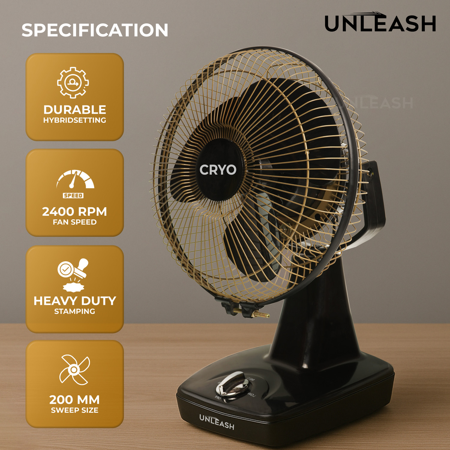 Image of unleash CRYO 9 INCH HIGH SPEED METAL JAALI FAN TABLE FAN FOR HOME, OFFICE with 1 Year Warranty Energy Saving 230 mm Table Fan