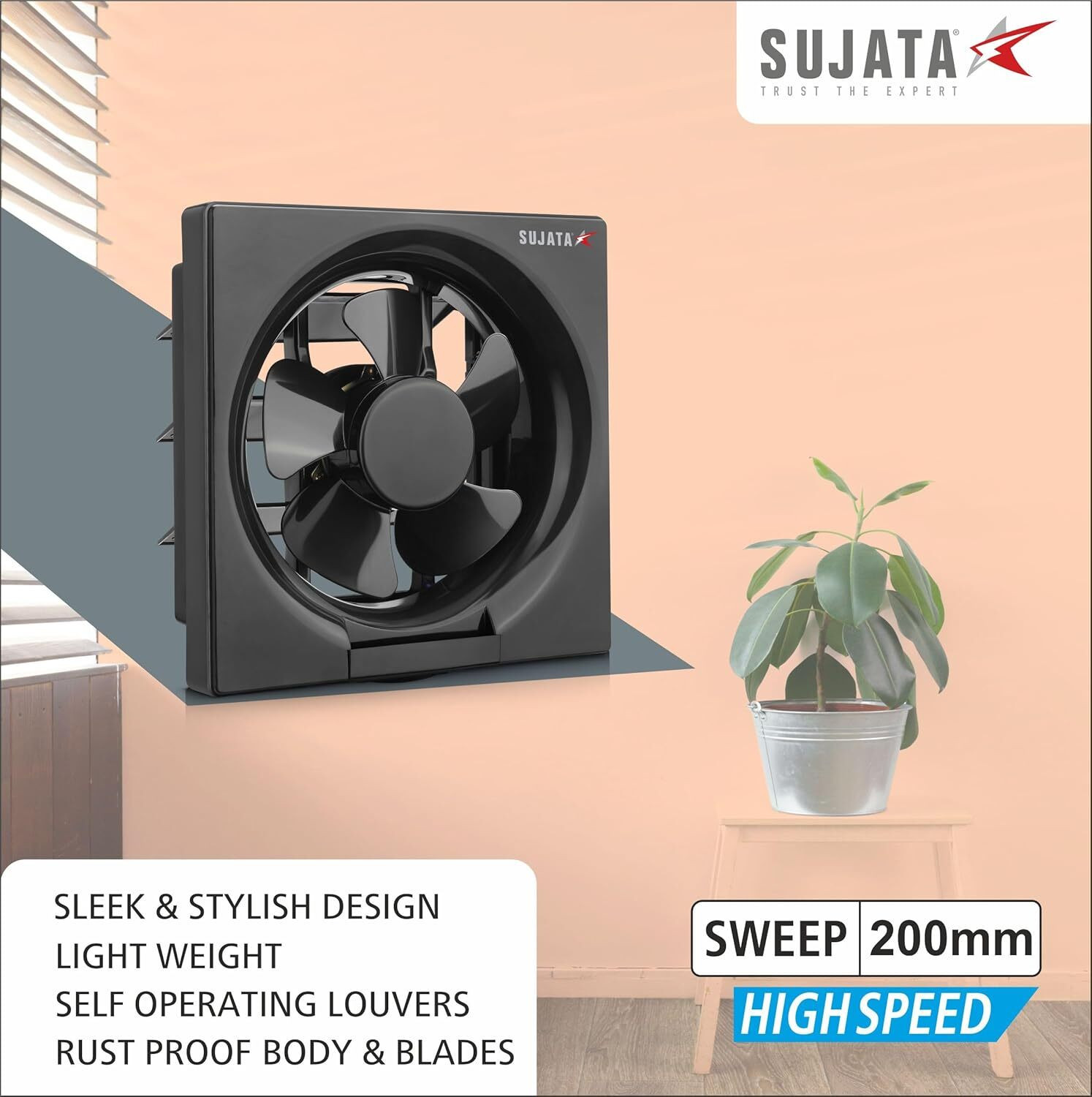 Image of SUJATA Woosh EPB81HS Exhaust Fan | High Speed | Copper Winding | Ventilation Fan with 2 Year Warranty Ultra High Speed 200 mm Exhaust Fan