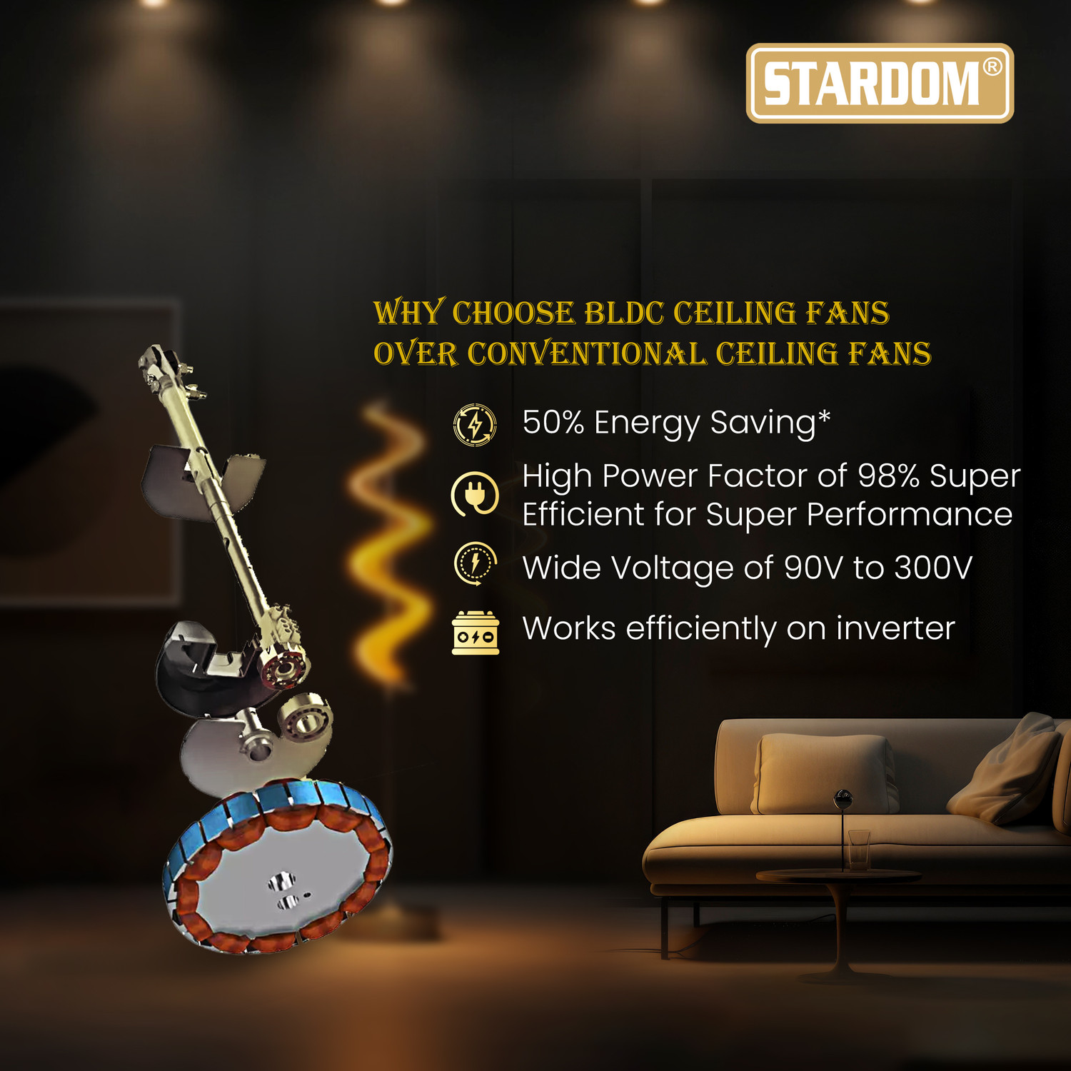 Image of Stardom RACER SMOKE BROWN 1200 MM BLDC with 5 Year Warranty BLDC Motor with Remote 1200 mm Ceiling Fan