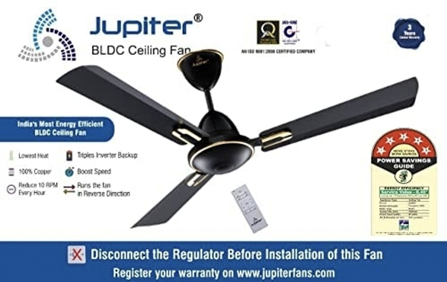 Image of JUPITER Tricopter 3 Blades with 2 Year Warranty BLDC Motor with Remote 1200 mm Ceiling Fan