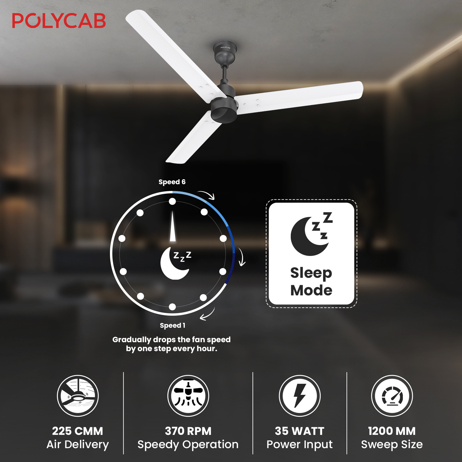 Image of Polycab Wizzy Plus 1200mm|100% Copper|High Air Delivery with 3 Year Warranty BLDC Motor with Remote 1200 mm Ceiling Fan
