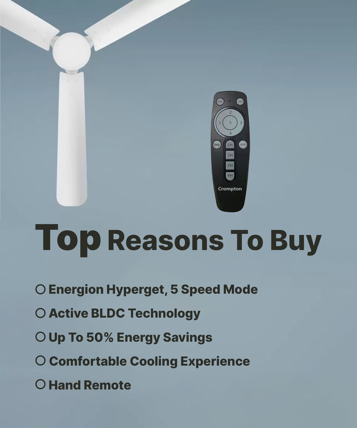 Image of Crompton Energion Hyperjet | BLDC Technology | Remote Control with 2 Year Warranty Energy Saving 1200 mm Ceiling Fan (5 Star | Opal White | Pack of 1)