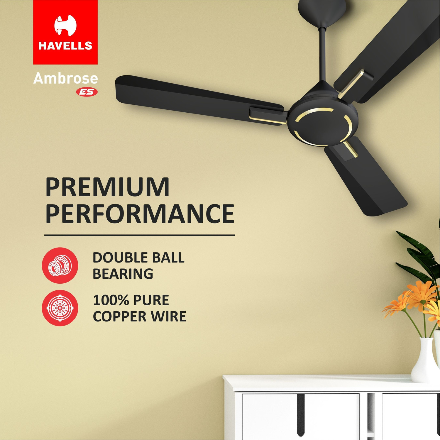 Image of HAVELLS AMBROSE HS with 2 Year Warranty Energy Saving 1200 mm Ceiling Fan (1 Star | Midnight | Pack of 1)
