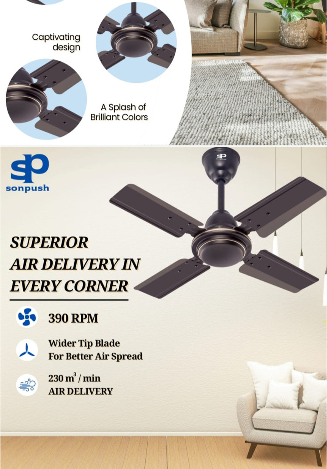 Image of Sonpush 4 Blade Black Fan 02 with 24 Months Warranty 390 mm Ceiling Fan