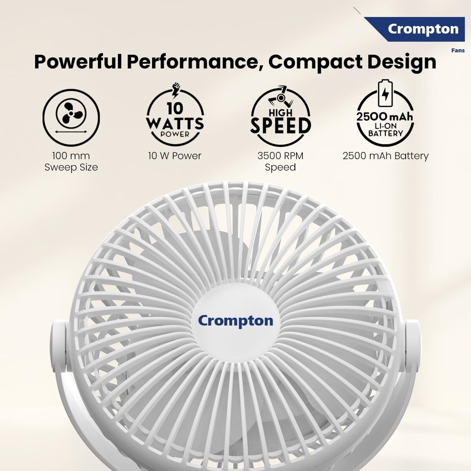 Image of Crompton Siro Personal Fan|Rechargeable Clip|C-type Charging with 1 Year Warranty Silent Operation, Ultra High Speed, With LED Indicators 100 mm Table Fan