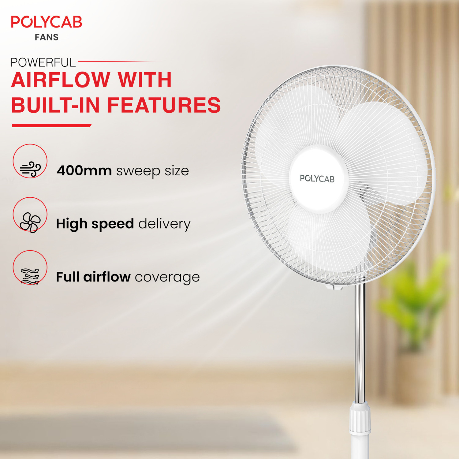 Image of Polycab Regalia|High Air Delivery |Energy saving with 2 Year Warranty Ultra High Speed 400 mm Pedestal Fan