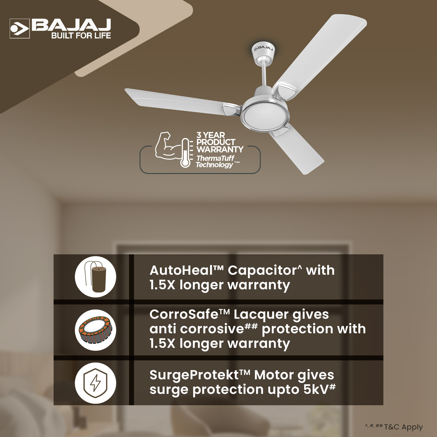 Image of BAJAJ Crescent with 3 Year Warranty Anti Rust, Energy Saving, High Air Delivery, Ultra High Speed 1200 mm Ceiling Fan