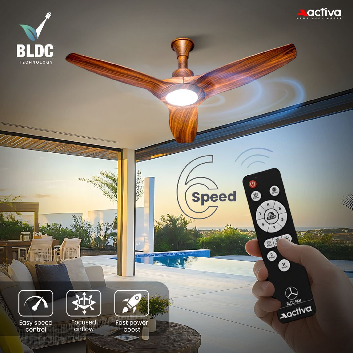 Image of ACTIVA Silentair Wooden | BLDC Motor | Remote Control | LED Light with 5 Year Warranty BLDC Motor with Remote 1200 mm Ceiling Fan