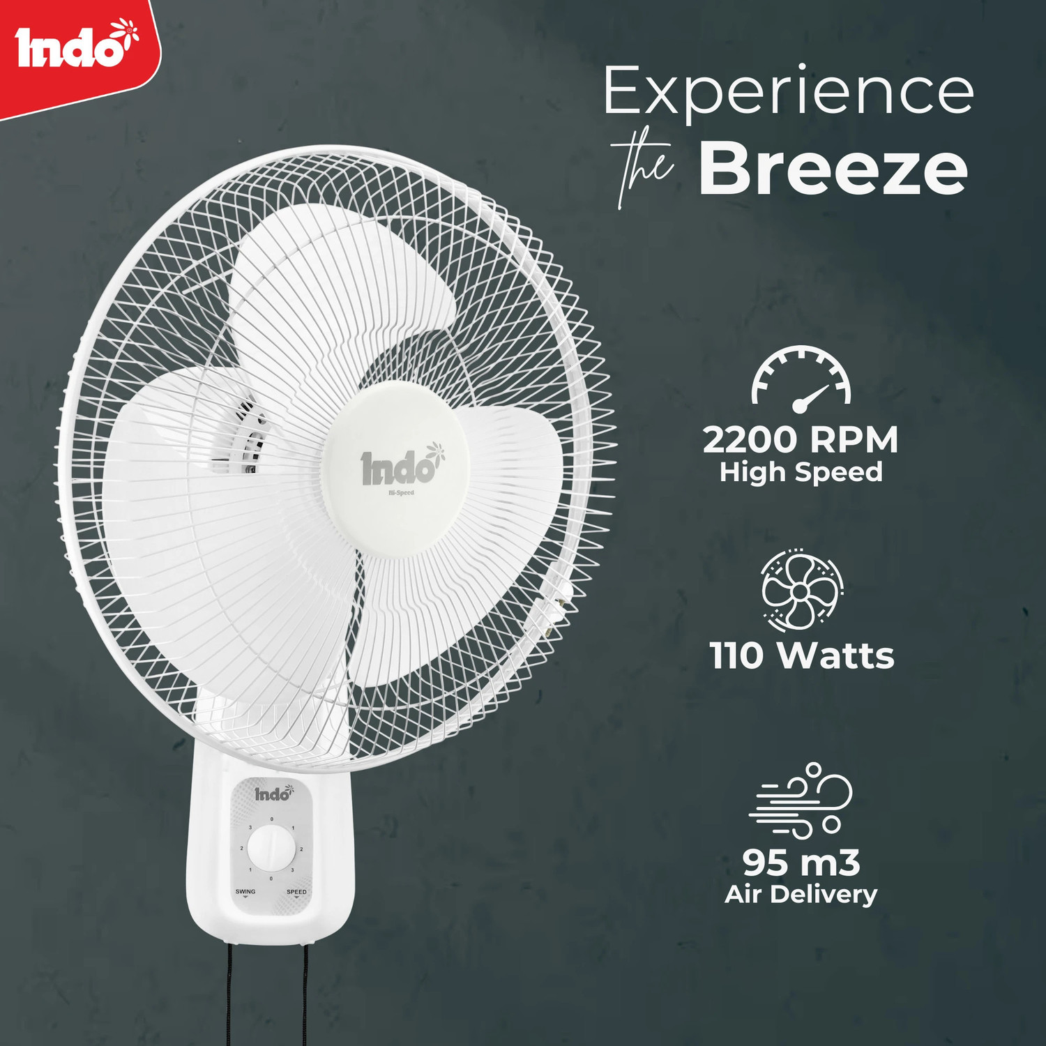 Image of Indo 16 inch High Speed Wall Fan ALPHA | 110 Watts | 3 speed Controls| 2 Years warranty| with 2 Year Warranty Energy Saving 400 mm Wall Fan