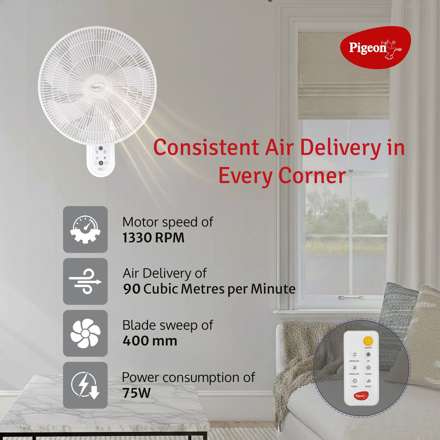 Image of Pigeon Fan-Tastic 75W Wall Fan -Digital With Remote with 2 Year Warranty 400 mm Wall Fan