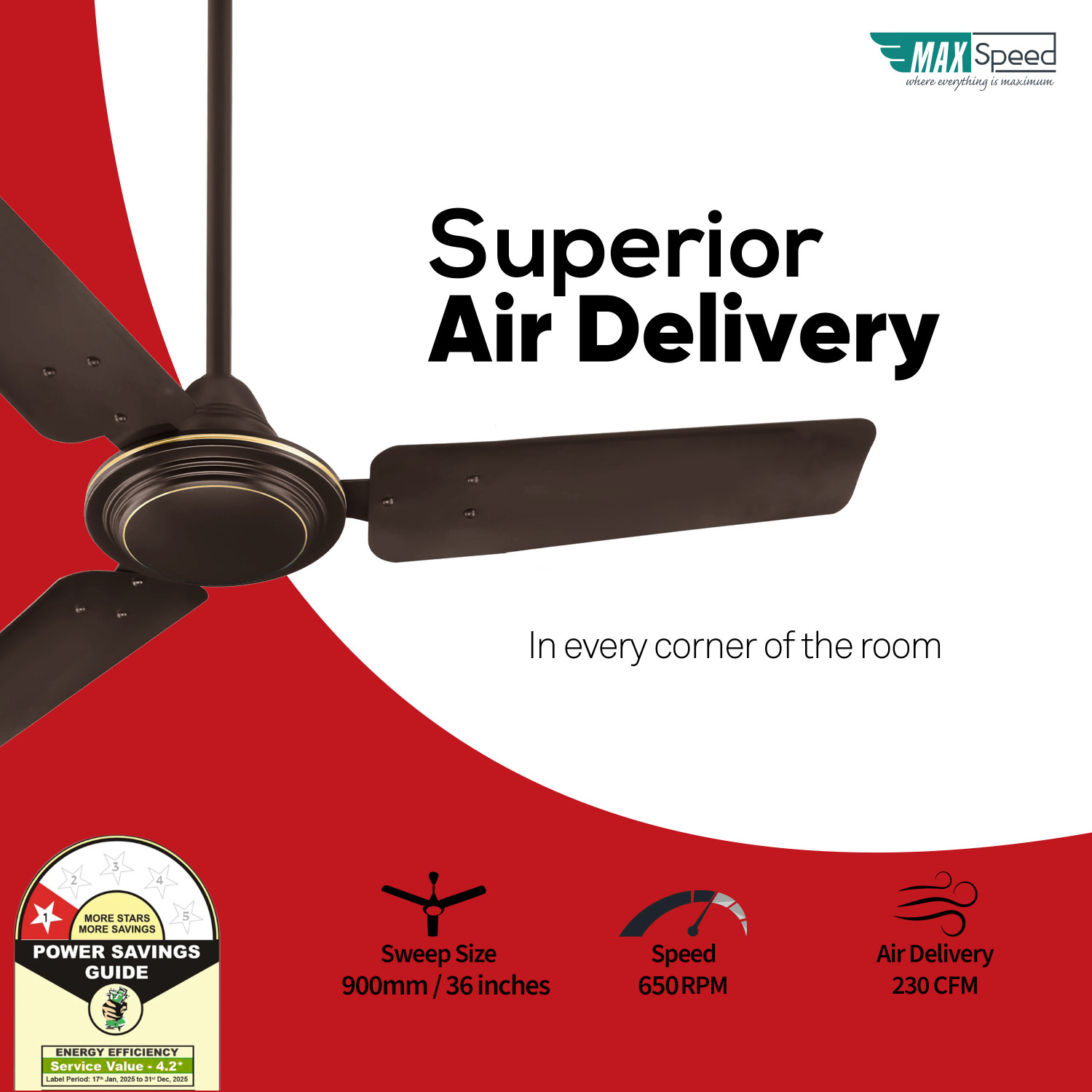 Image of Max Speed Classic | Ceiling Fan | for Small Room, Kitchen and Pooja Room with 12 Months Warranty Ultra High Speed 900 mm Ceiling Fan