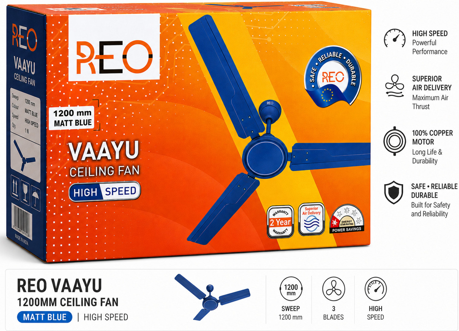 Image of REO VAAYU FAN with 24 Months Warranty Anti Dust, Anti Rust 1200 mm Ceiling Fan