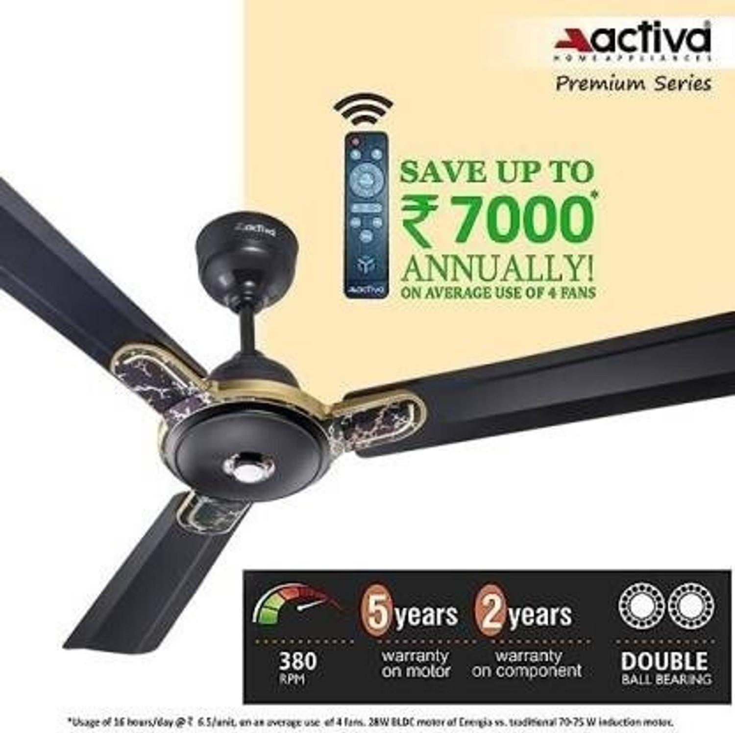 Image of ACTIVA BLDC ENERGIA PREMIUM with 5 Year Warranty BLDC Motor with Remote 1200 mm Ceiling Fan