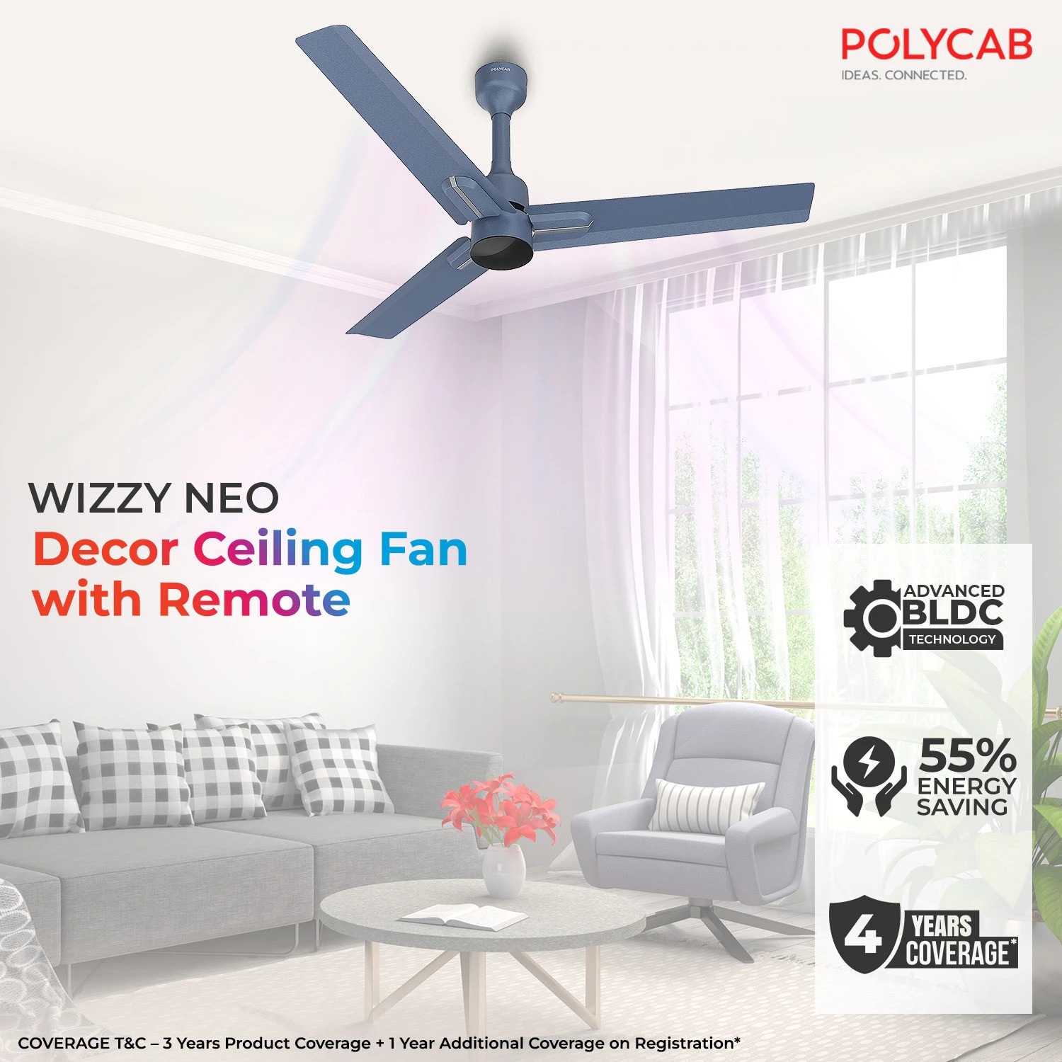 Image of Polycab Wizzy Neo100% CopperHigh Air Delivery with 4 Year Warranty BLDC Motor with Remote 1200 mm Ceiling Fan (5 Star | Blue silver | Pack of 1)