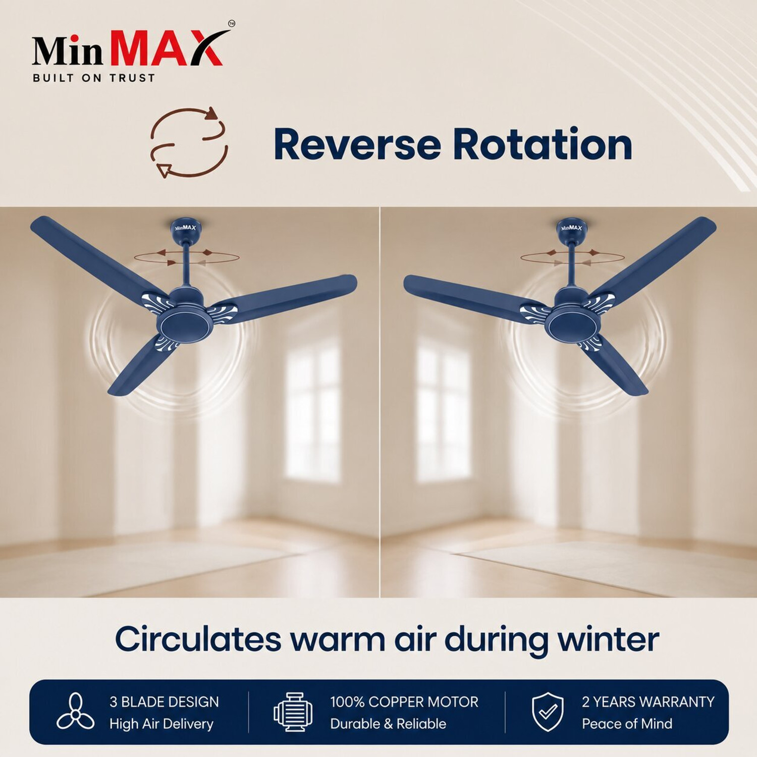 Image of MinMAX Premium bldc Ceiling Fan | Stylish 3 Blade High Speed Fan | Blue with 24 Months Warranty BLDC Motor with Remote, BLDC Motor, Energy Saving, Remote Controlled, Ultra High Speed 1200 mm Ceiling Fan