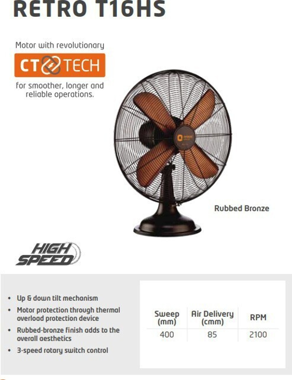 Image of Orient Electric RETRO T16 HS RUBBED BRONZE with 1 Year Warranty 400 mm Table Fan