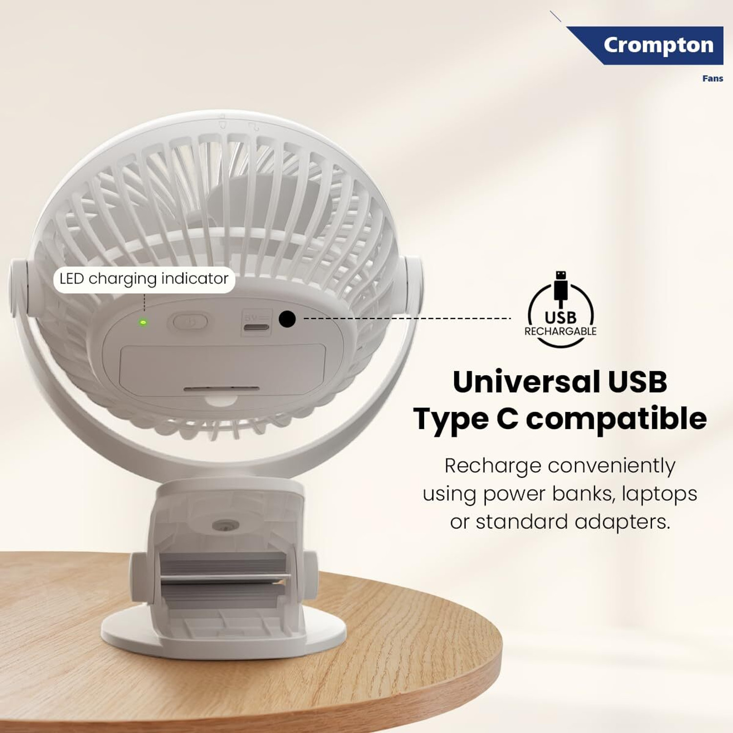 Image of Crompton Siro Personal Fan|Rechargeable Clip|C-type Charging with 1 Year Warranty Silent Operation, Ultra High Speed, With LED Indicators 100 mm Table Fan