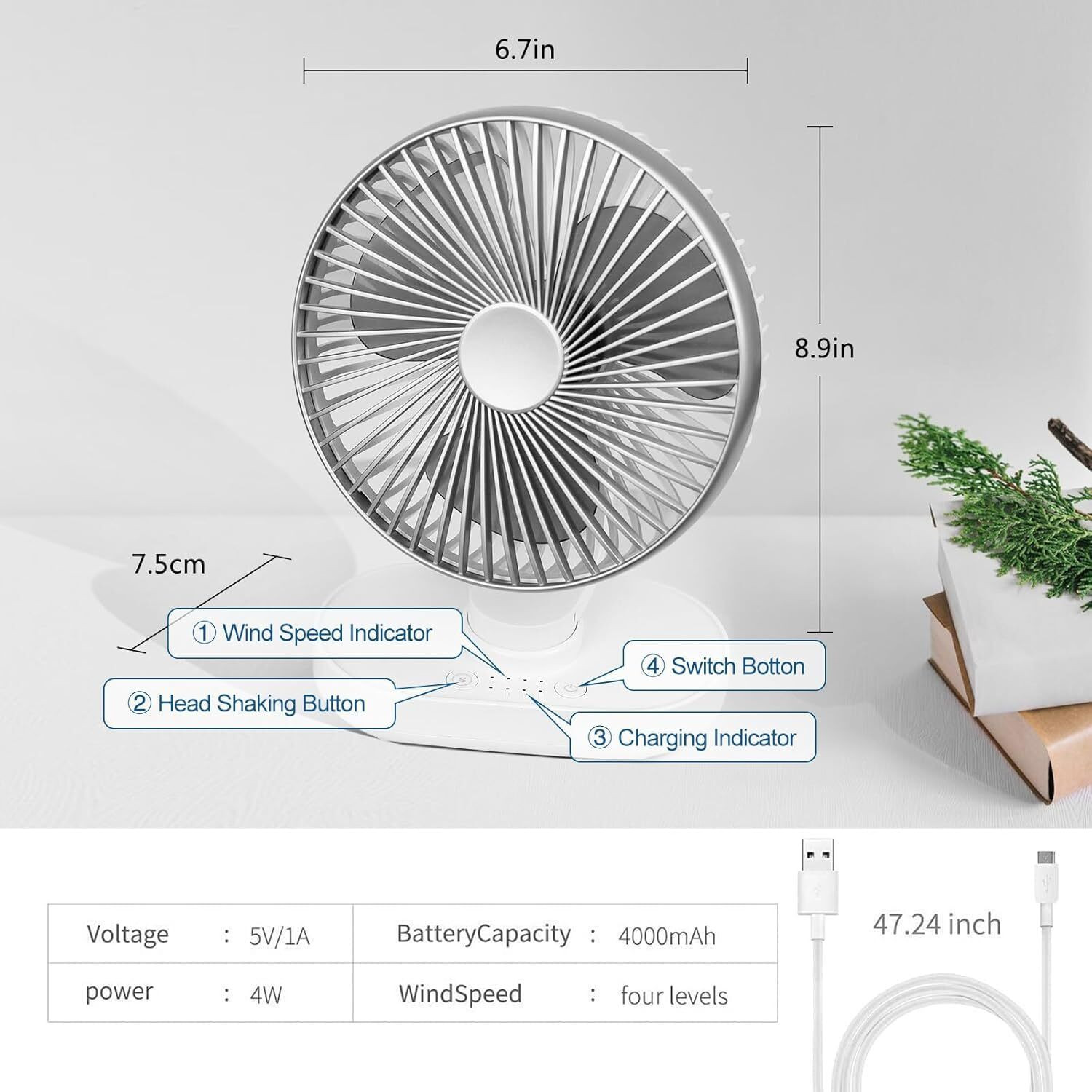 Image of Woomzy Table Fan Rechargeable Table Fan with LED Light High Speed Fan for Home Ultra High Speed 1400 mm Table Fan