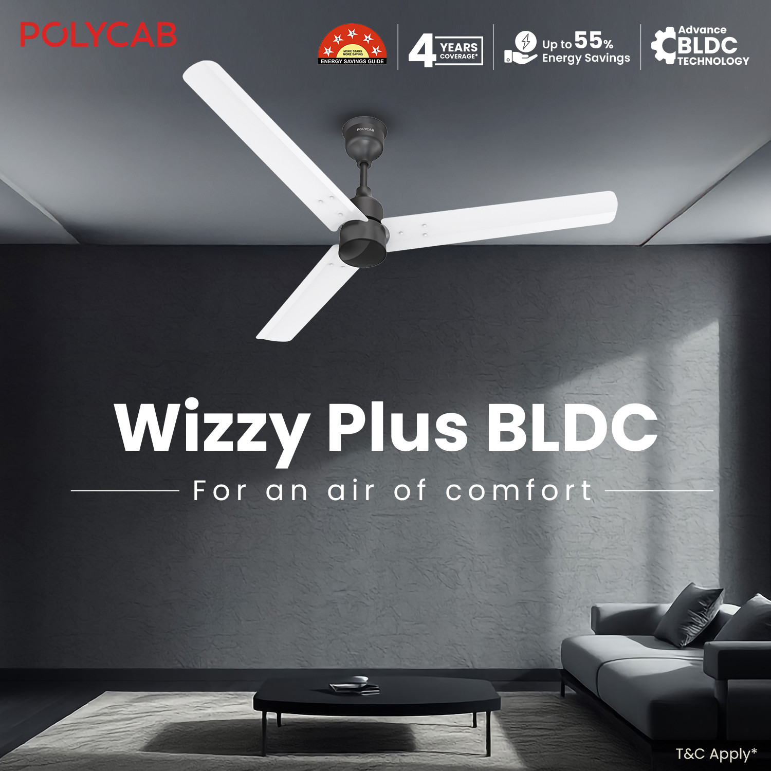 Image of Polycab Wizzy Plus 1200mm|100% Copper|High Air Delivery with 3 Year Warranty BLDC Motor with Remote 1200 mm Ceiling Fan