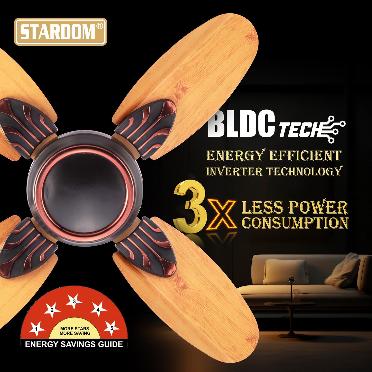 Image of Stardom EAGLE JH WOODEN | BLDC Motor | 4 Blade with 5 Year Warranty BLDC Motor with Remote 600 mm Ceiling Fan