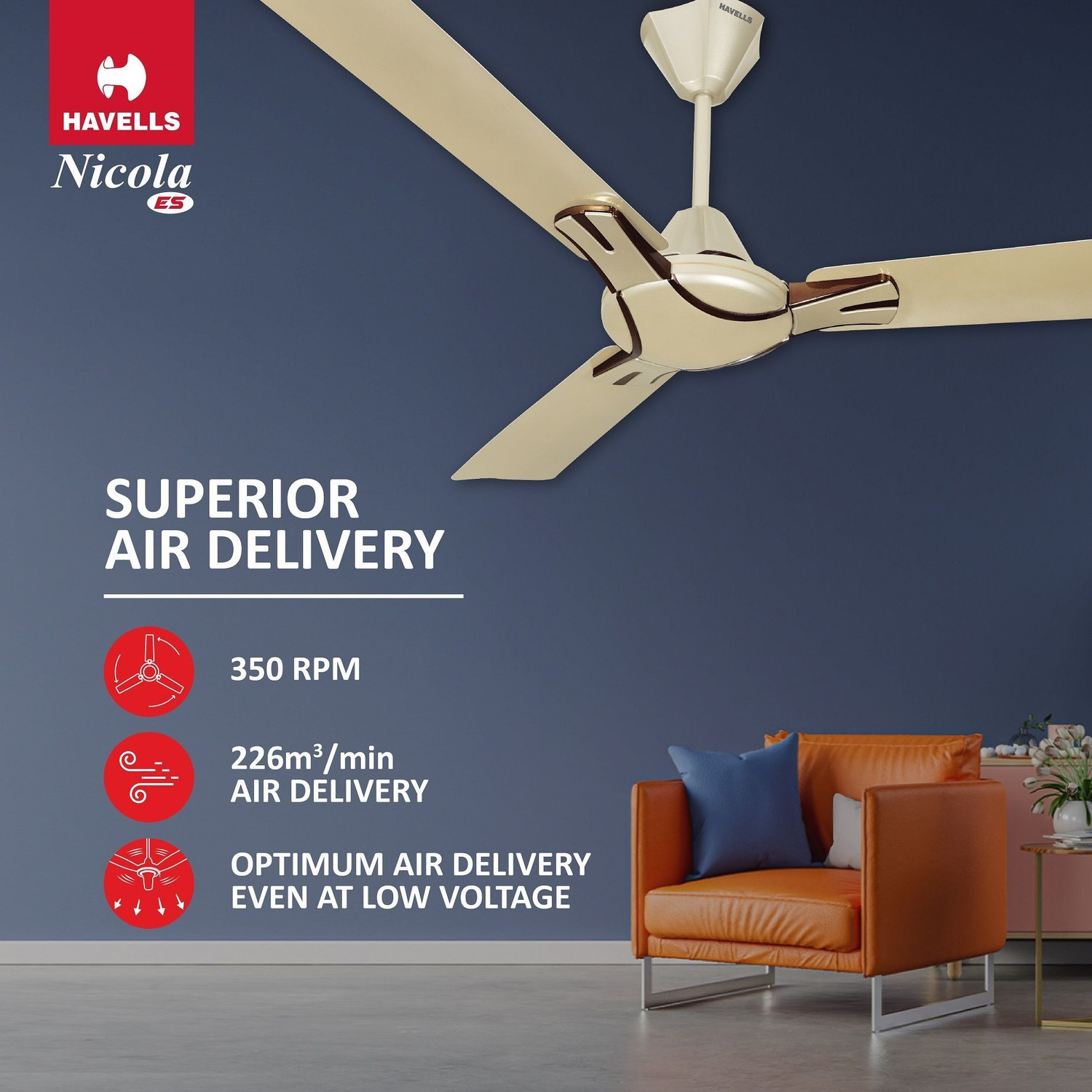 Image of HAVELLS Nicola|Energy Saving|Low Noise|Decorative|50W|100% Copper Motor with 2 Year Warranty Energy Saving 1200 mm Ceiling Fan