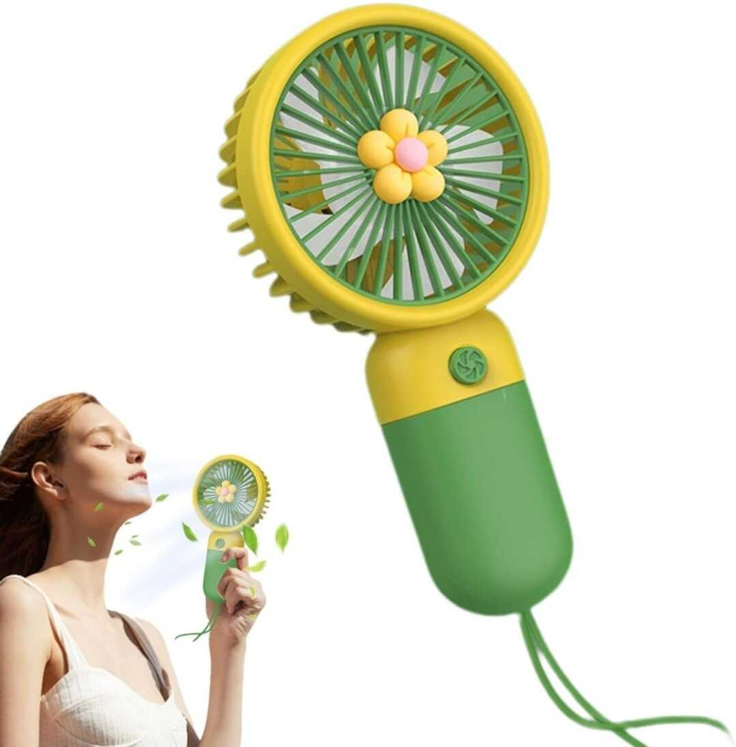 Image of ABC Portable Handheld Fan with Flower Design, Yellow and Green, USB Rechargeable with 3 Months Warranty 5 mm Pedestal Fan