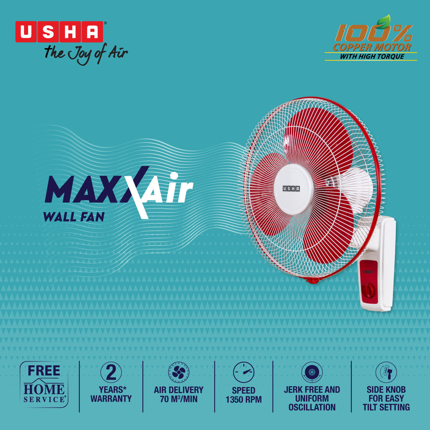 Image of USHA Maxx Air with 2 Year Warranty 400 mm Wall Fan (Red White | Pack of 1)