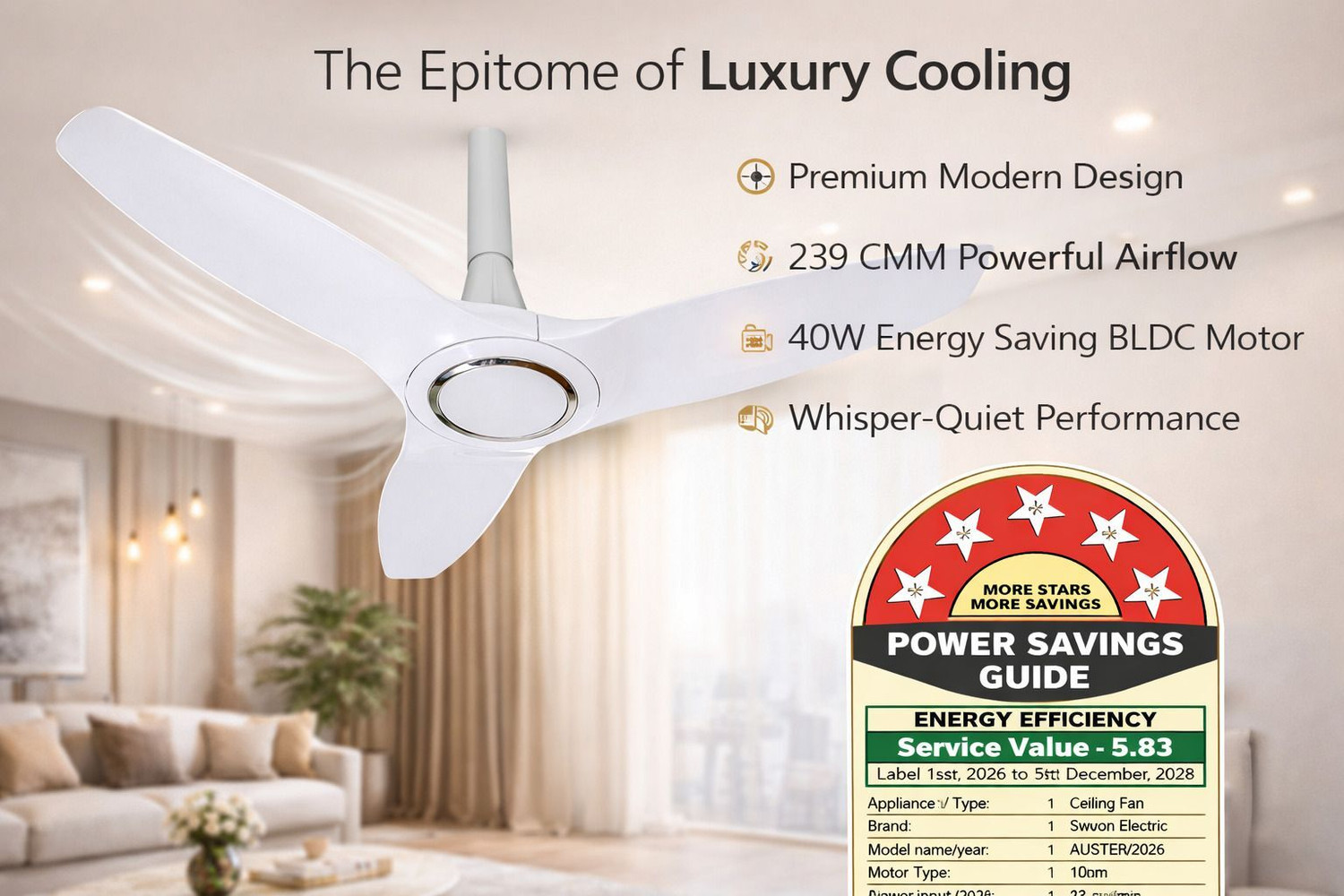 Image of Dewon Electric Auster BLDC 40W Energy Efficient | 239 CMM High Air Delivery with 2 Year Warranty Remote Controlled, Silent Operation 1200 mm Ceiling Fan