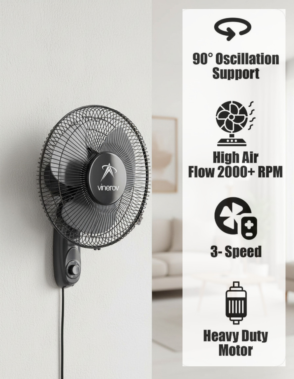 Image of Vinerov Knight 12 inch HS | 90 Oscillation | 45 Tilt Support | 2200+ RPM with 1 Year Warranty Ultra High Speed 300 mm Wall Fan