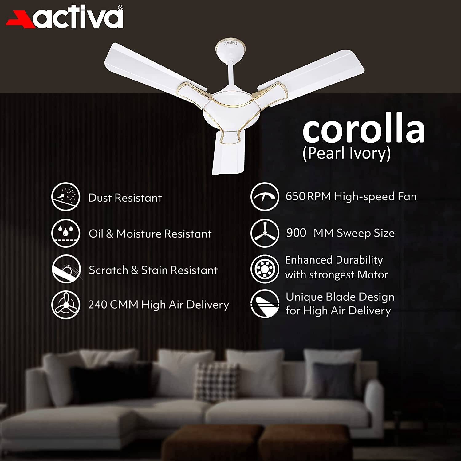 ACTIVA Corolla 36 Inch Pearl Ivory Ceiling Fan - Image 2
