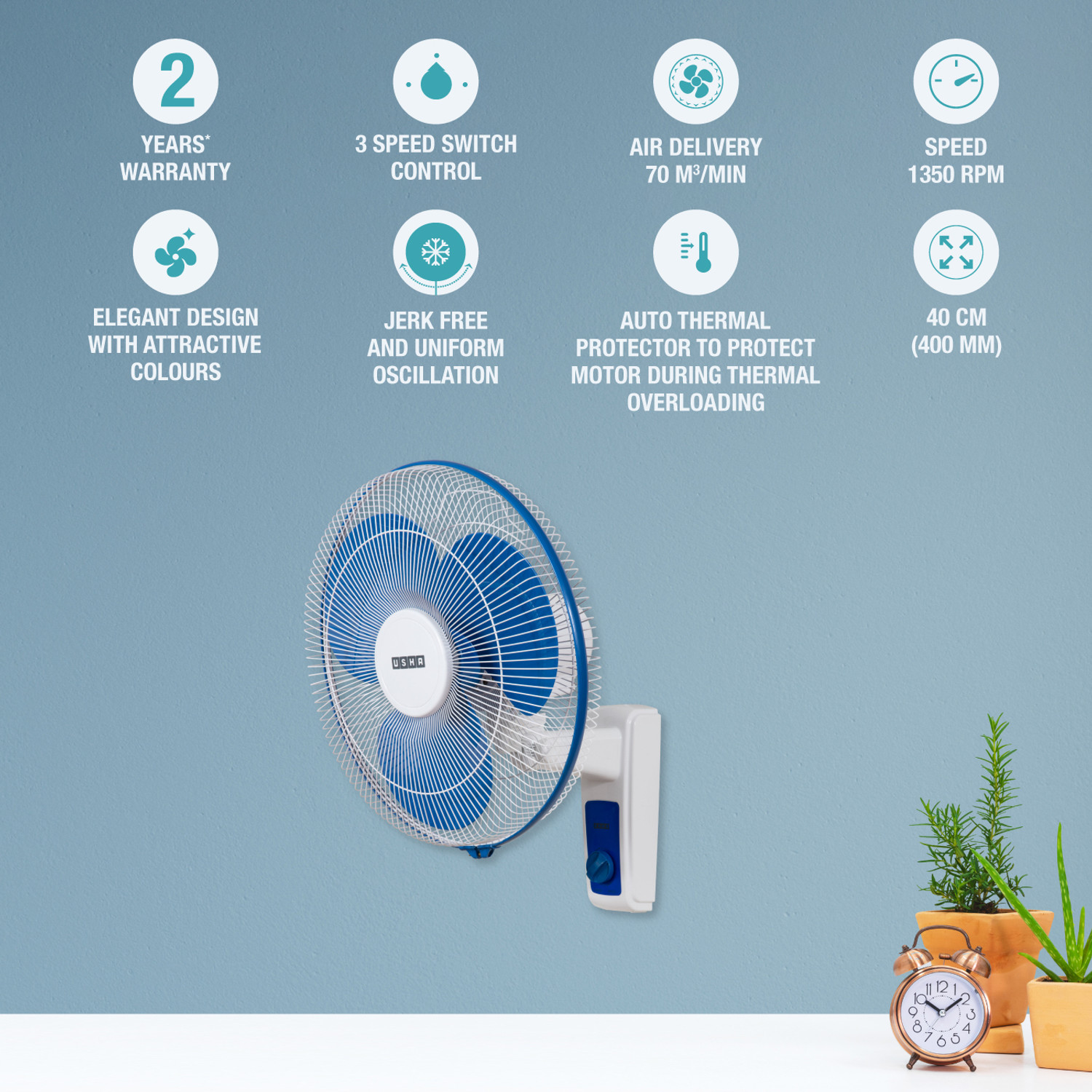 Image of USHA Maxx Air with 2 Year Warranty 400 mm Wall Fan (Blue White | Pack of 1)