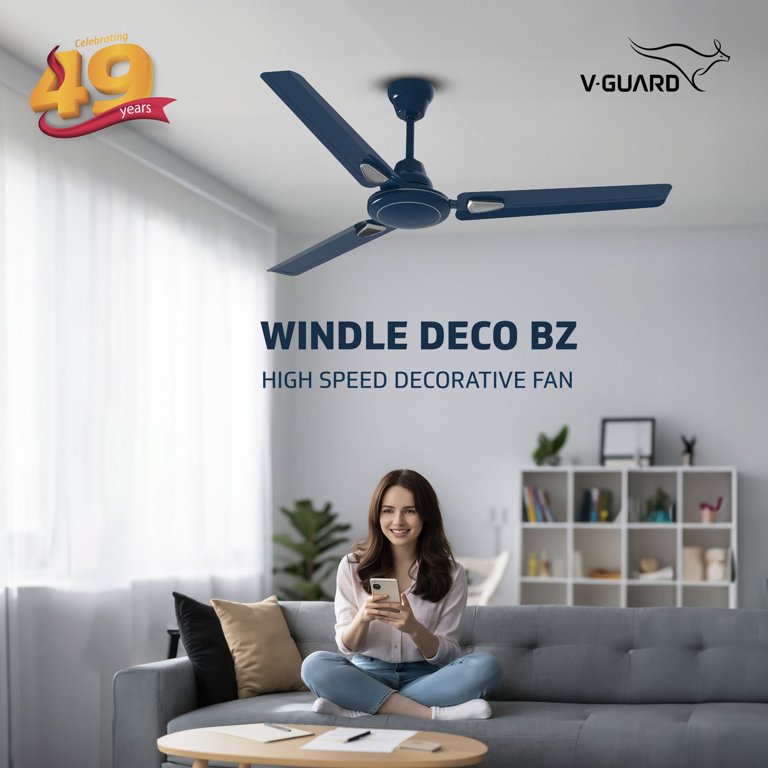 Image of V-Guard Windle Deco Bz | Admiral Blue with 2 Year Warranty Energy Saving 1200 mm Ceiling Fan