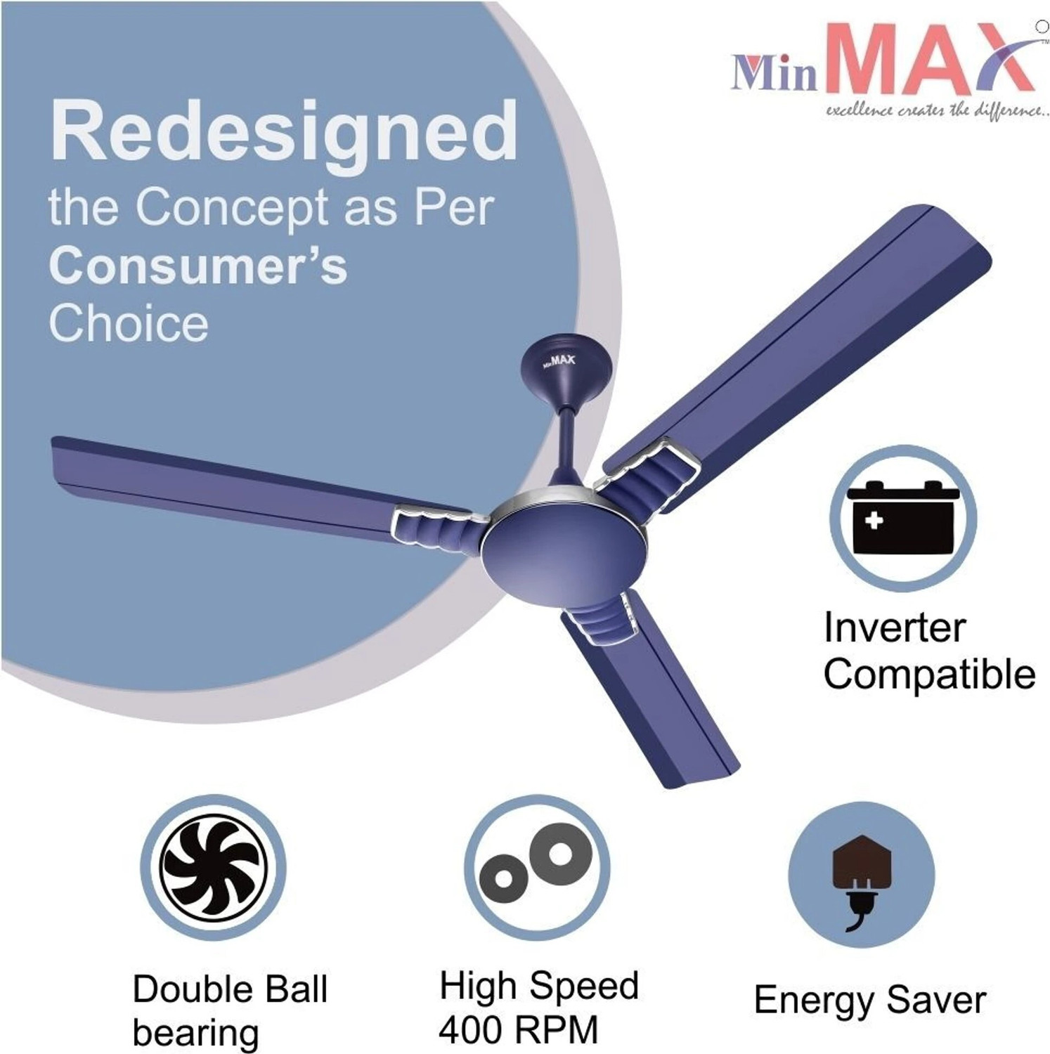 Image of MinMAX CRUISER MATT BLUE-01 with 2 Year Warranty Anti Dust, Ultra High Speed, Silent Operation 1200 mm Ceiling Fan