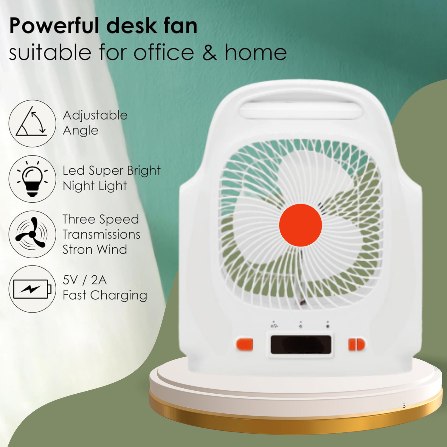 Image of DRUMSTONE Solar Rechargeable Fan - LED Light & Cord-Free Cooling for Home or Outdoors with 7 Year Warranty 3 mm Table Fan