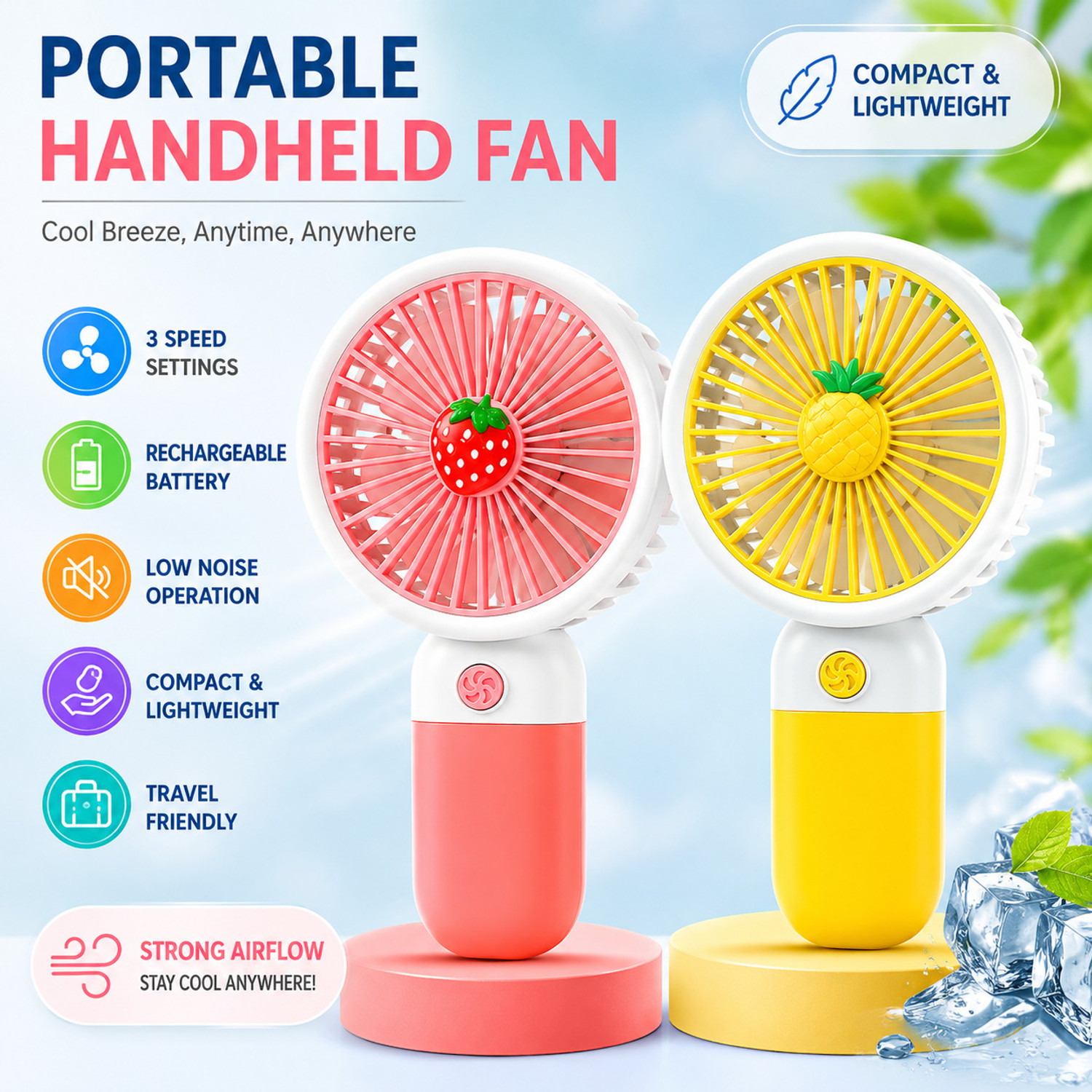Image of TOYNDIA Mini Fan, 2-in-1 Combo Pack, Handheld and Table Fan for Kids (Multicolor) Table Fan