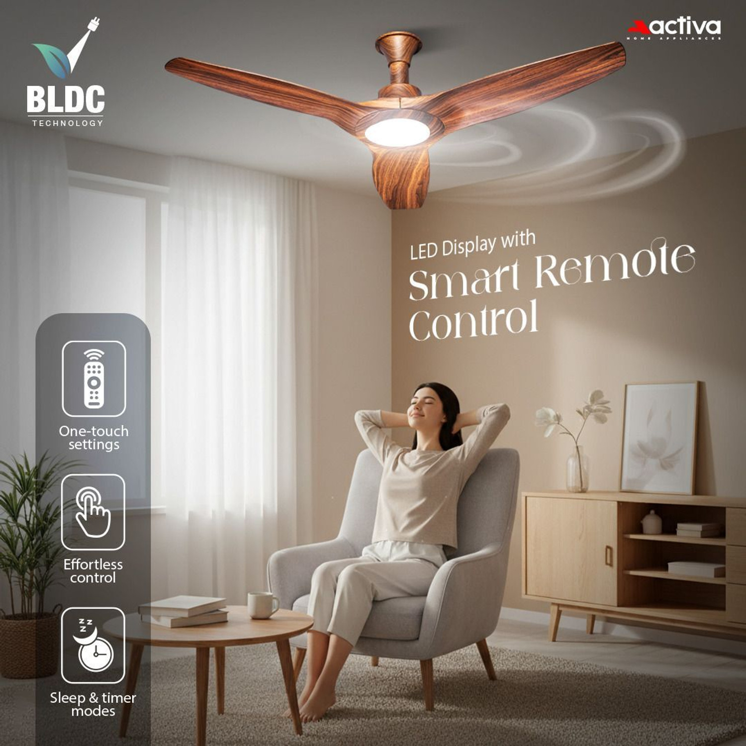 Image of ACTIVA Silentair Wooden | BLDC Motor | Remote Control | LED Light with 5 Year Warranty BLDC Motor with Remote 1200 mm Ceiling Fan