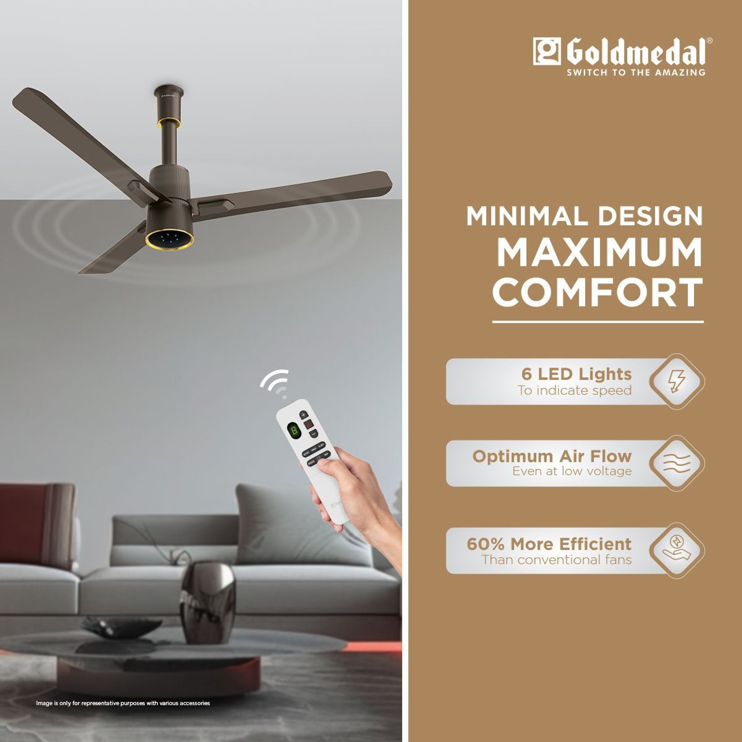 Image of Goldmedal Spacio BLDC with 5 Year Warranty BLDC with Remote and Regulator 1200 mm Ceiling Fan