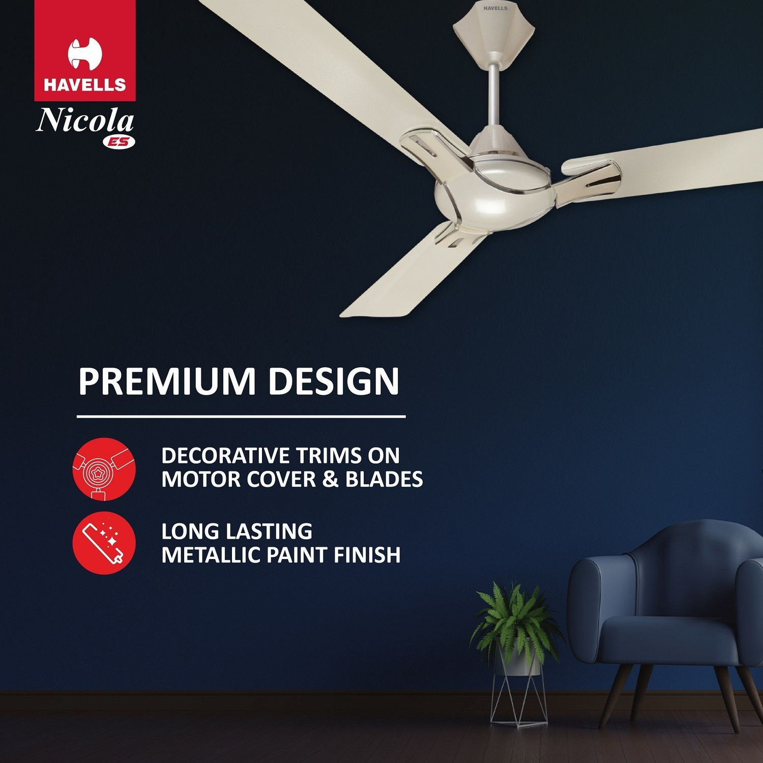 Image of HAVELLS Nicola|Energy Saving|Low Noise|Decorative|50W|100% Copper Motor with 2 Year Warranty Energy Saving 1200 mm Ceiling Fan
