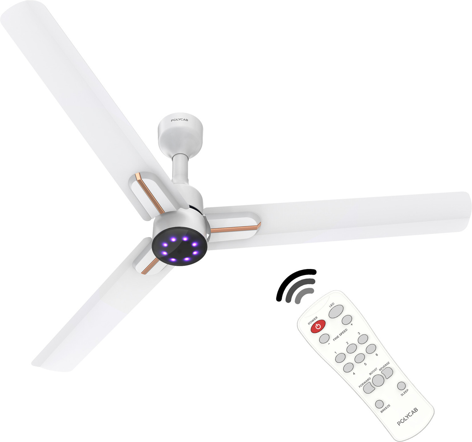 Image of Polycab Wizzy Neo LED 2.0100% CopperHigher Air DeliveryLED Indicator with 3 Year Warranty BLDC Motor with Remote 1200 mm Ceiling Fan