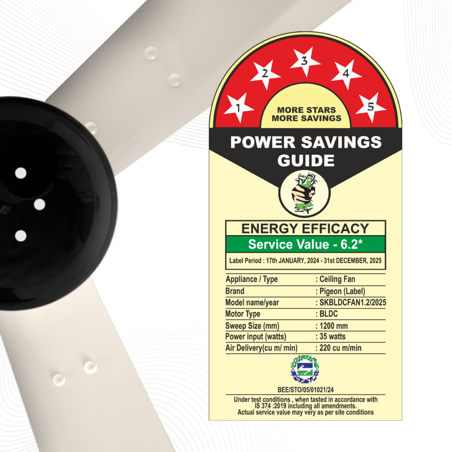 Image of Pigeon 19004497 with 2 Year Warranty 1200 mm Ceiling Fan (5 Star | Ivory | Pack of 1)