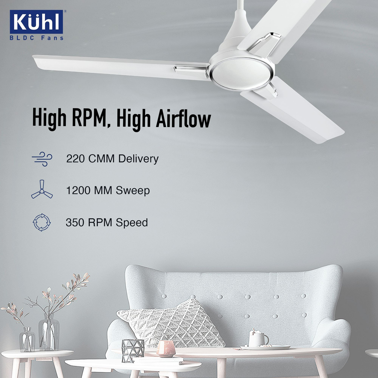 Image of KUHL | Prima A1, BLDC, 29W, Low Noise, Energy-Saving, 5-Year Warranty with 2 Year Warranty 1200 mm Ceiling Fan (5 Star | White | Pack of 1)