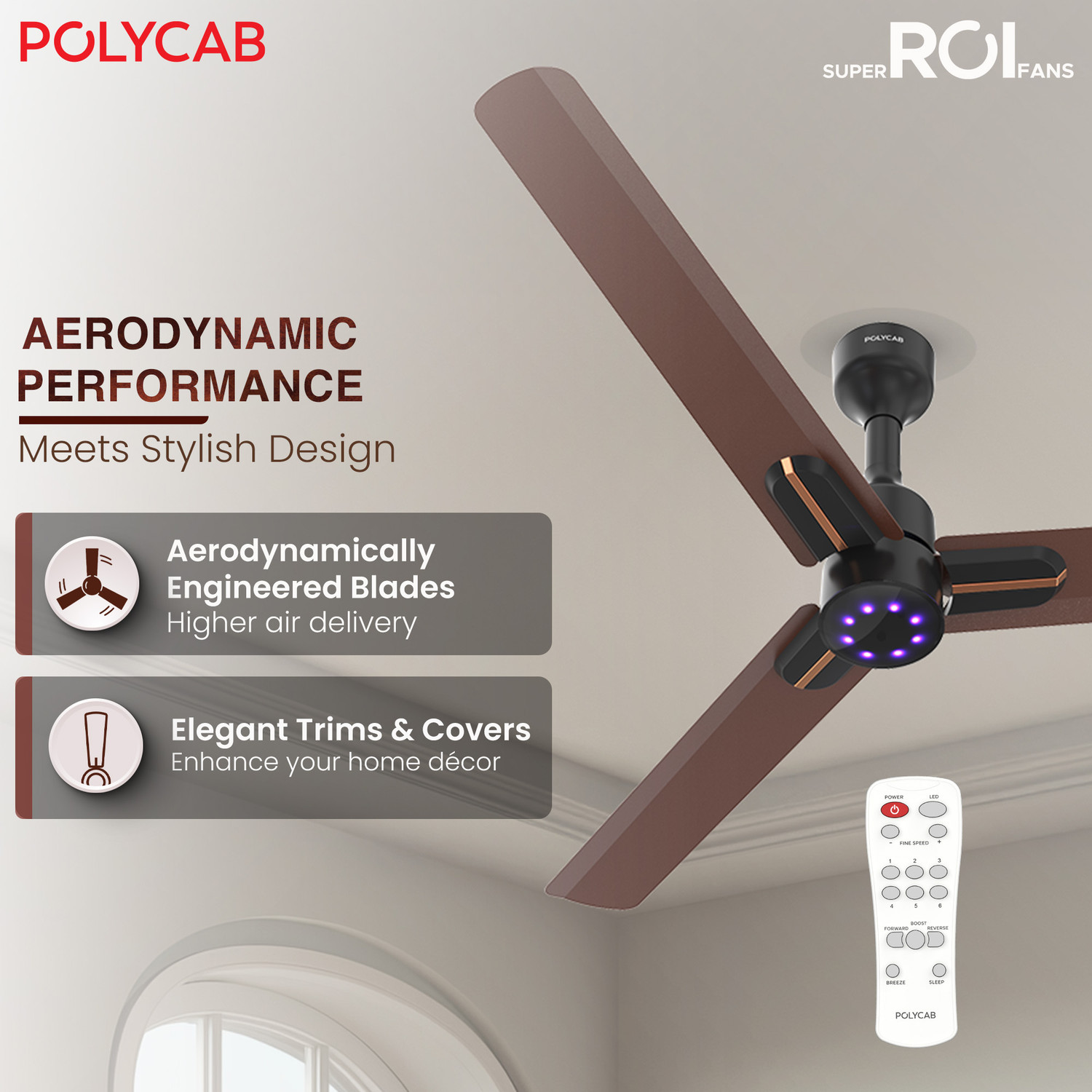 Image of Polycab Wizzy Neo LED 2.0100% CopperHigher Air DeliveryLED Indicator with 3 Year Warranty BLDC Motor with Remote 1200 mm Ceiling Fan