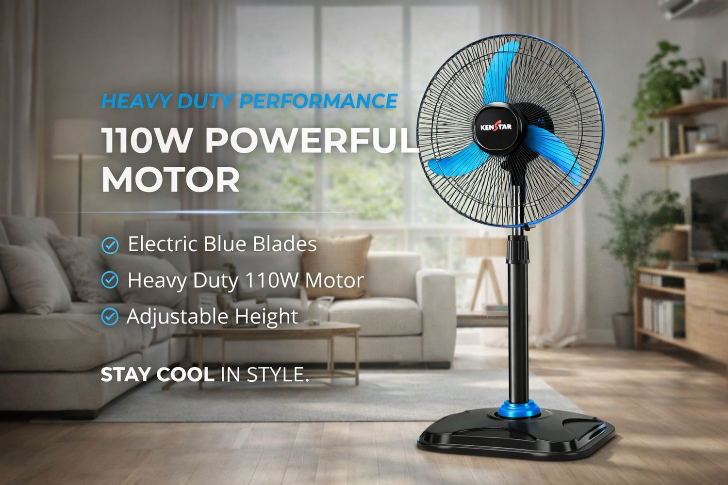 Image of Kenstar Wind Speed Ultra BLU | Adjustable Height | High Speed with 24 Months Warranty 400 mm Pedestal Fan